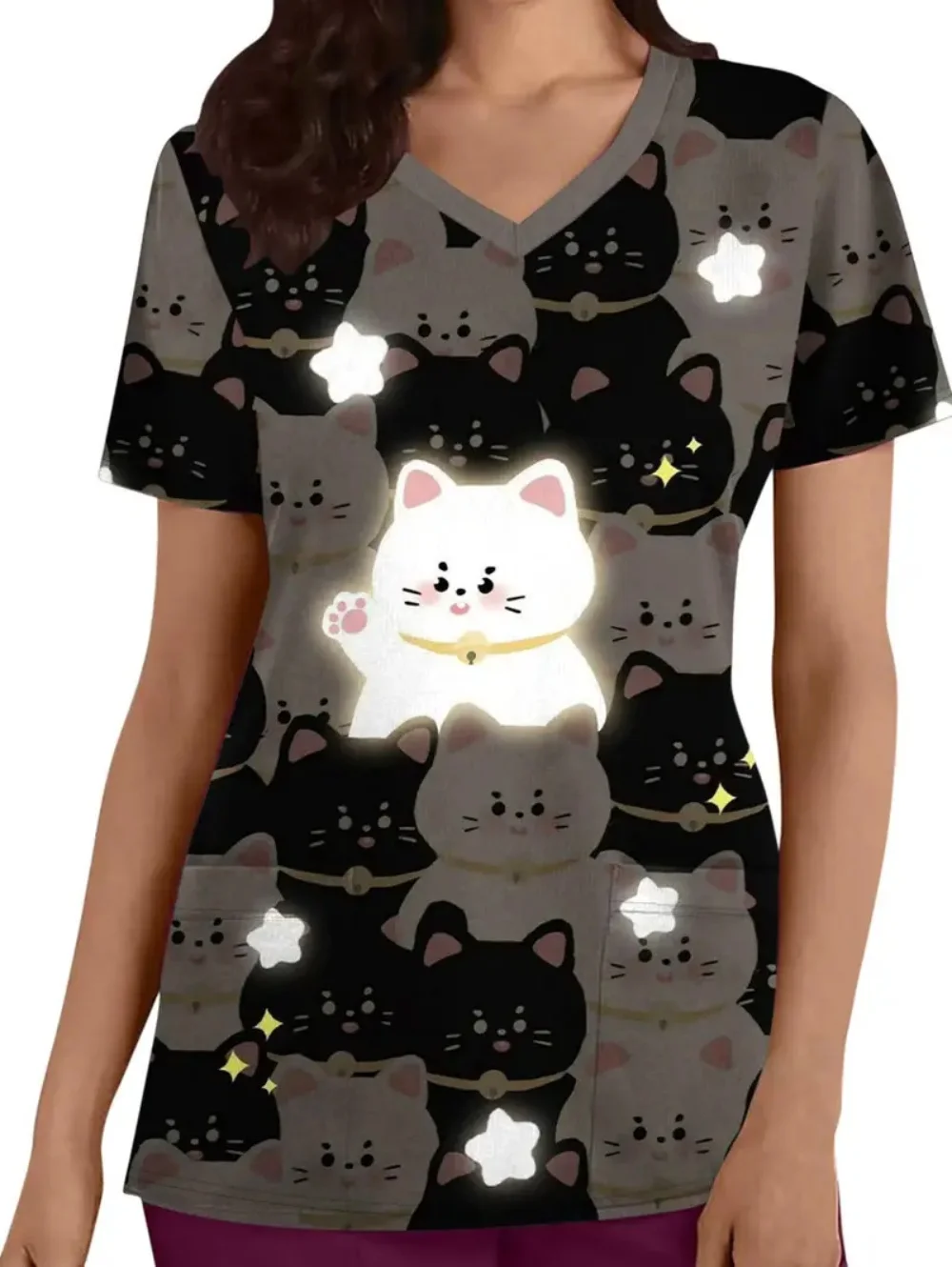 Uniforme chirurgical pour femme, motif de chat mignon imprimé, col en v, manches courtes, uniforme d'infirmière, hauts confortables avec poches, vêtements médicaux