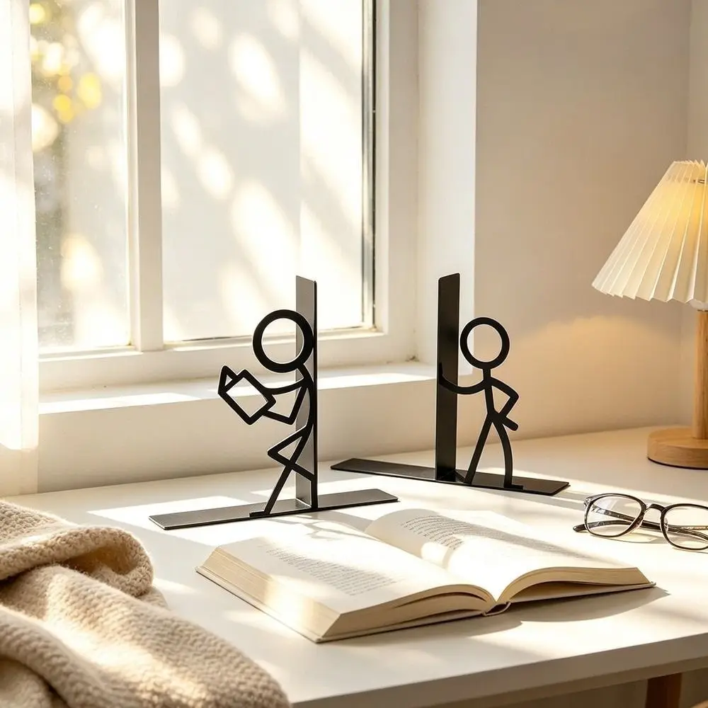1Pair Funny Iron Art Metal Bookends Stick Figure Human Shape Book Holder Book Stopper Home Office Desk