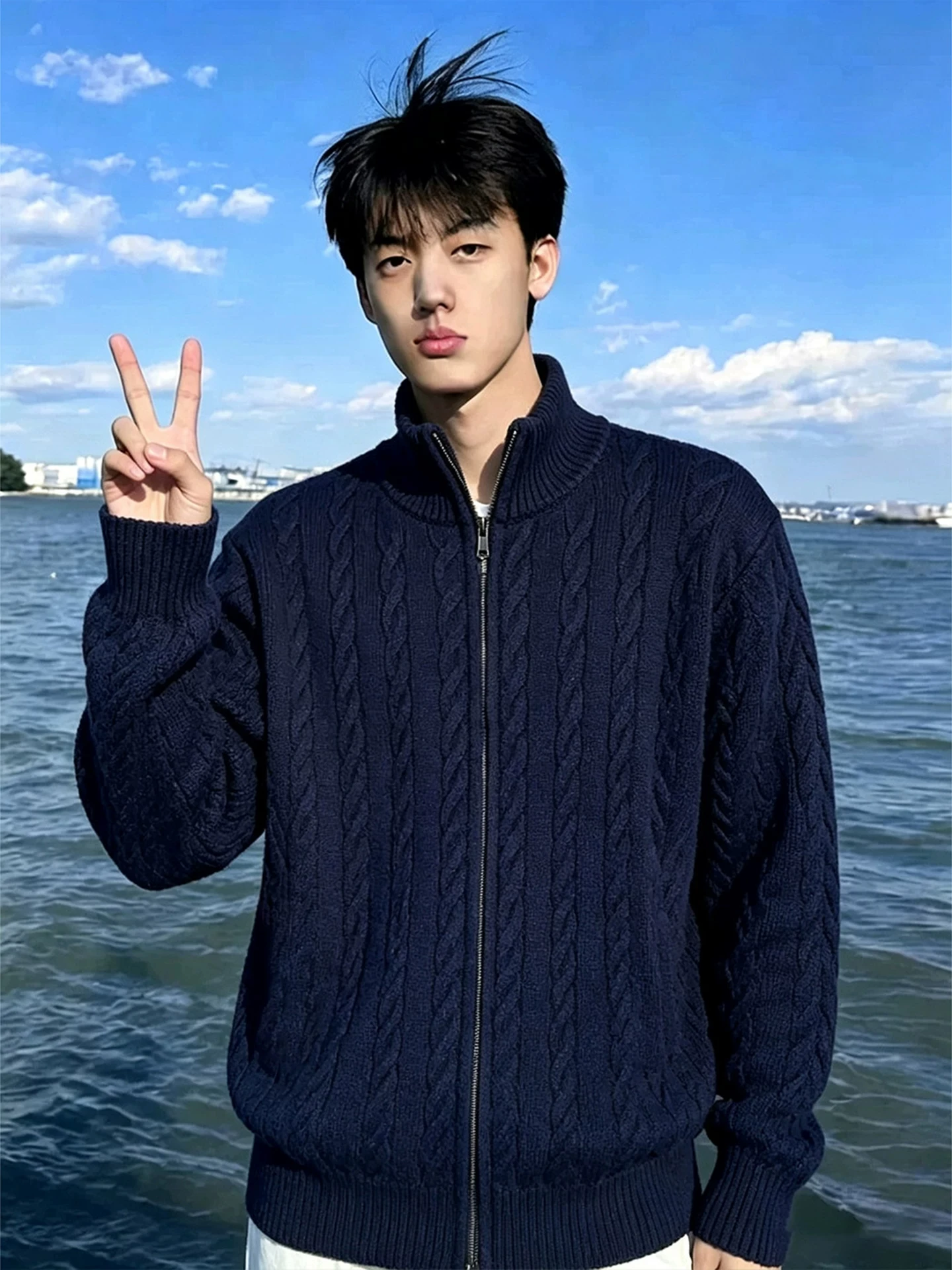 Men's Knitted Sweater Jacket Stand Collar Loose Fit Warm Zipper American Style Winter Fashion Turtleneck Long Sleeve Top