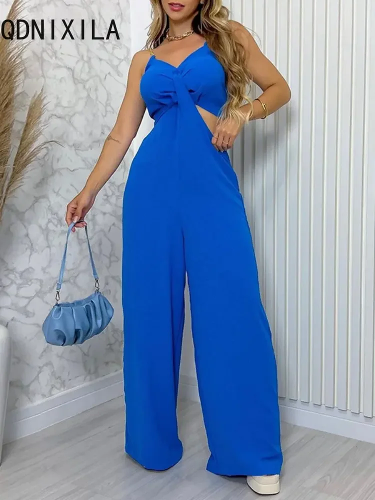 Spring Summer New Jump Suits for Women Loose Suspender Hollow Waist Wide Leg Jumpsuit Korean Fashion Female Jumpsuit Bodysuit