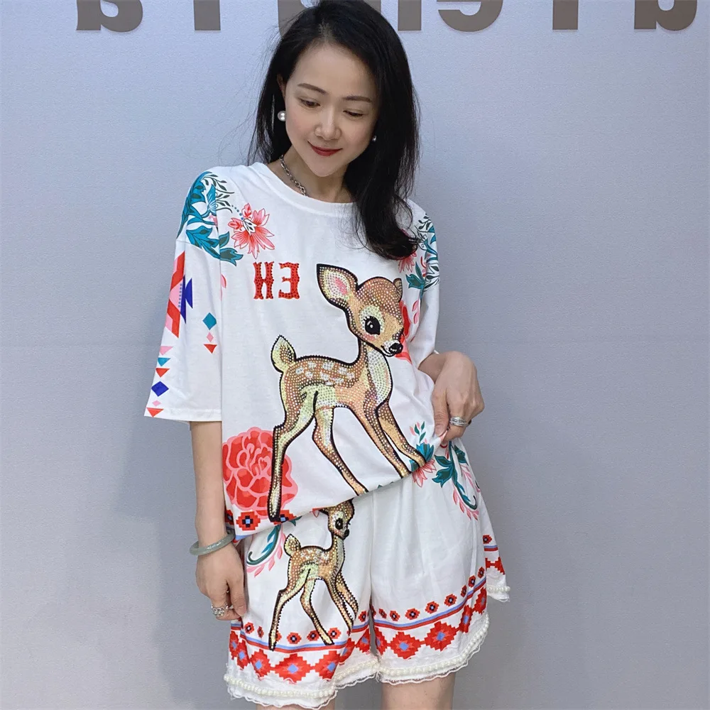 Deer Print Short Pant 2 Piece Sets Woman Outfits 2025 Summer Y2k Clothes Bust 116cm Casual O Neck Short Sleeve T Shirts Matching