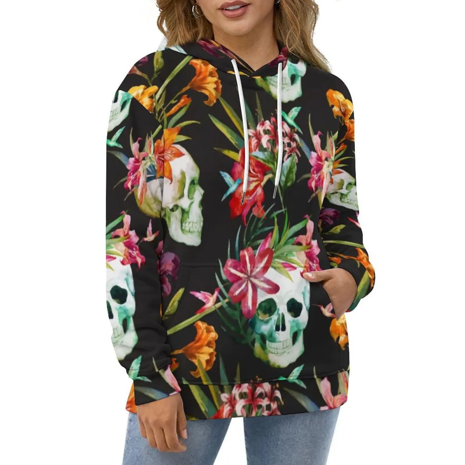 

Floral Skull Print Casual Hoodies Halloween Spooky Scary Skulls Design Loose Hoodie Autumn Long Sleeve Streetwear Oversize Top