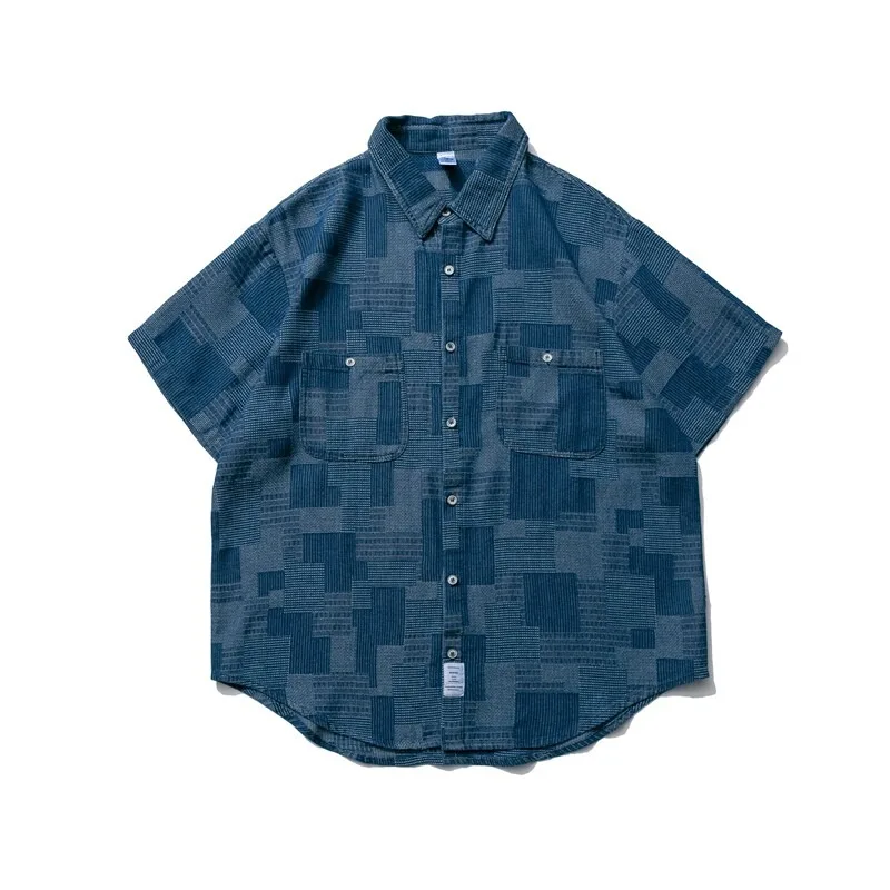 Japanese-style Denim Shirt Vintage-style Patchwork Blue-dyed Short-sleeved Retro Loose-fitting Shirt