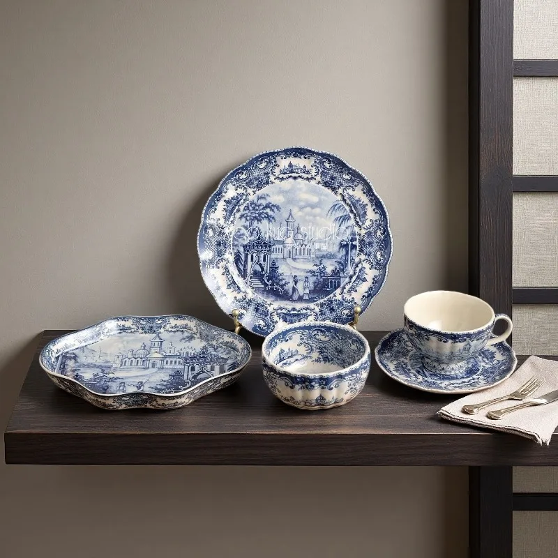 Taza y platillo de café con castillo azul y blanco europeo, plato Dim Sum, plato occidental de cocina, tazón de arroz, vajilla Retro para uso doméstico