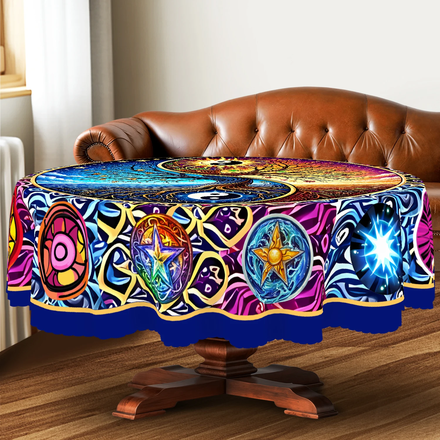 Tai Chi Tree of Life Themed Polyester Tablecloth, Exquisite Twelve Zodiac Signs, Tai Chi Tree of Life and Star Prints, Fantasy Style, Embossed Edges, Suitable for Rectangular and Round Dining Tables, Home Kitchen, Living Room Dining Table, Balcony Coffee Table, Holiday Party Decoration, Outdoor Picnic Decoration, Tea Table Decoration Table Cover, Perfect Gift, Spring, Summer, Autumn, Winter Decoration, Comes with Four Anti-Slip Stickers Tlp-008