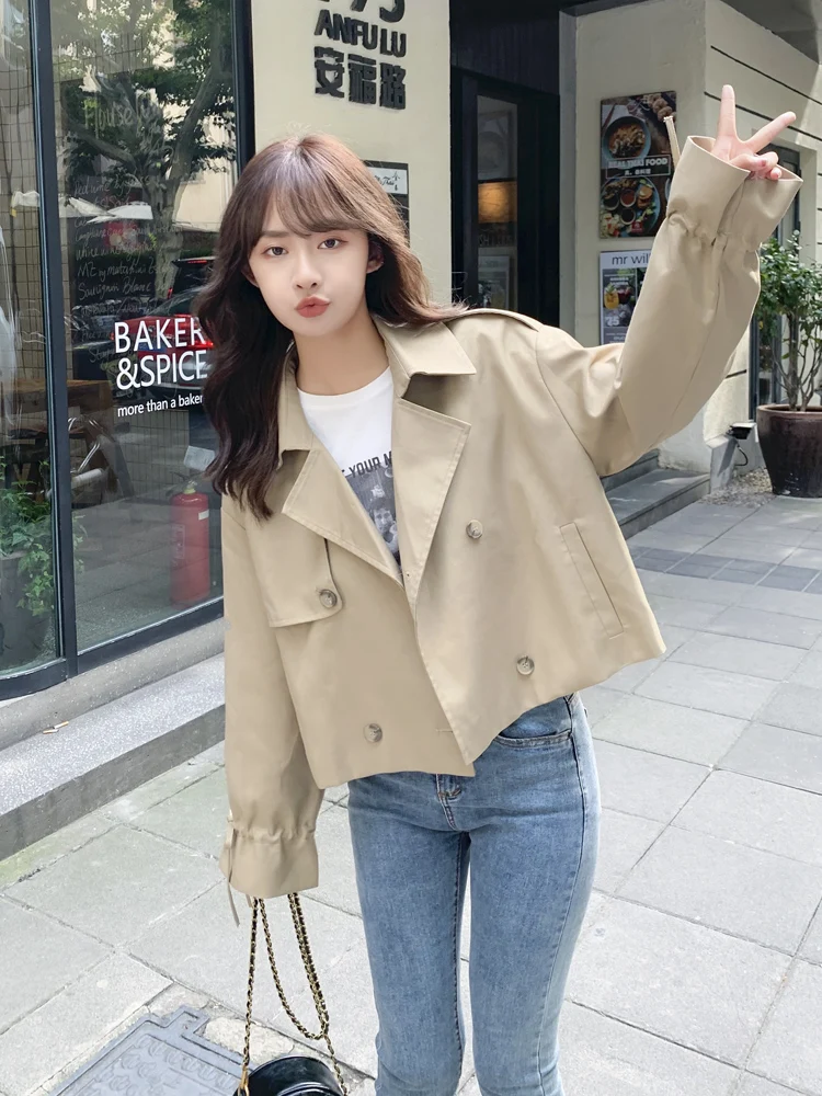 

Khaki Short Trench Coat Women's Suit Collar Double Breasted Spring and Autumn KoreanStyle Loose Fashion Casual Easy MatchingCoat