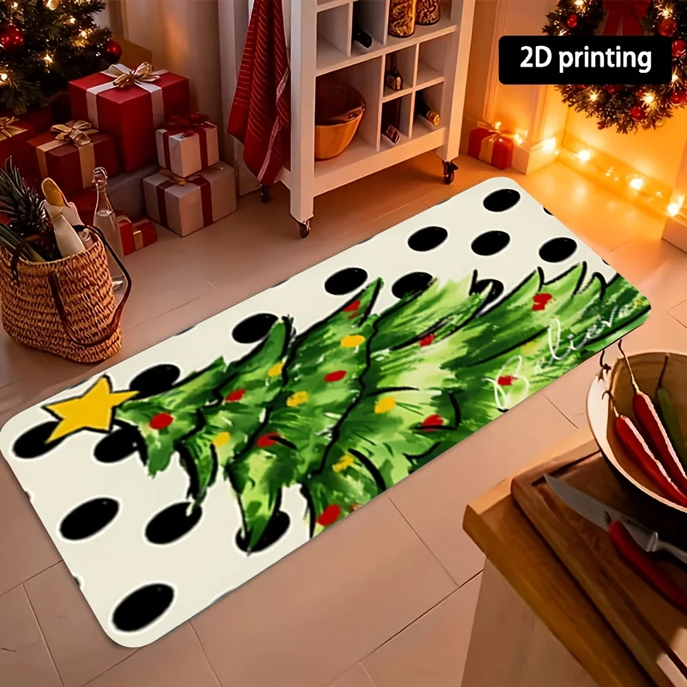 1pc Christmas‑Tree & Polka‑Dot Printed Long Runner Rug, Seasonal Home Decor Floor Mat for Living Room, Bedroom, Kitchen