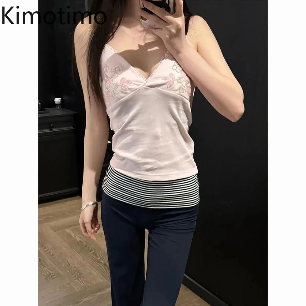 Kimotimo Tanks Women 2026 Summer New Diamonds Flower V Neck Slim Chic Sleeveless Crop Top Vintage Y2k Aesthetic Camisole Vest