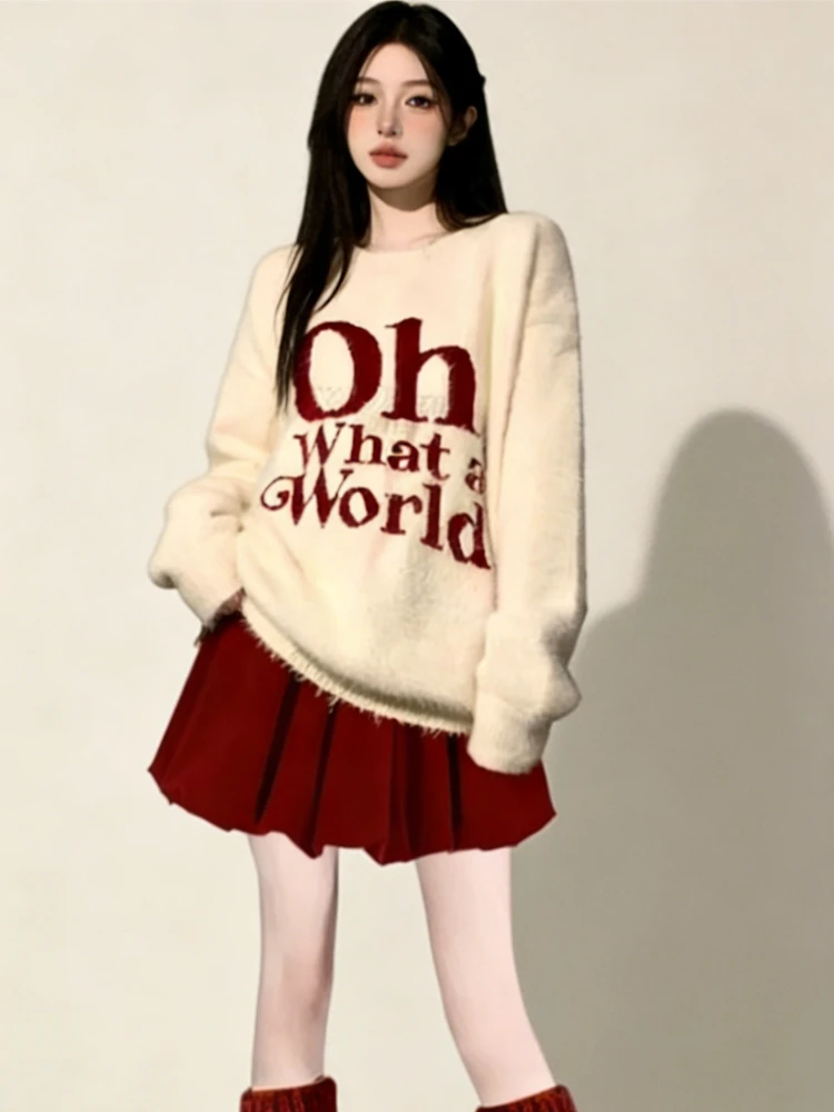 Korean Elegant Sweet Two Piece Set Loose Knit Sweater + Slimming Slip Dress Women 2025 New Autumn Winter Casual Fashion Outfits