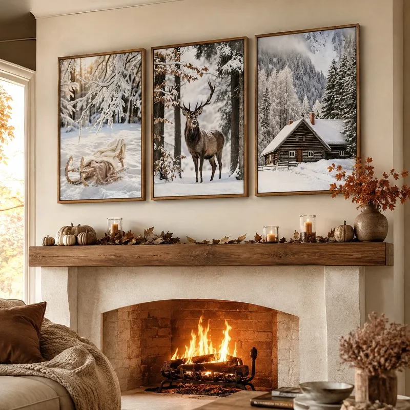 3PCS Warm Winter Snow Scene Forest Canvas Poster, Reindeer Hut Sled Country Style, Suitable for Christmas Home Room Decoration