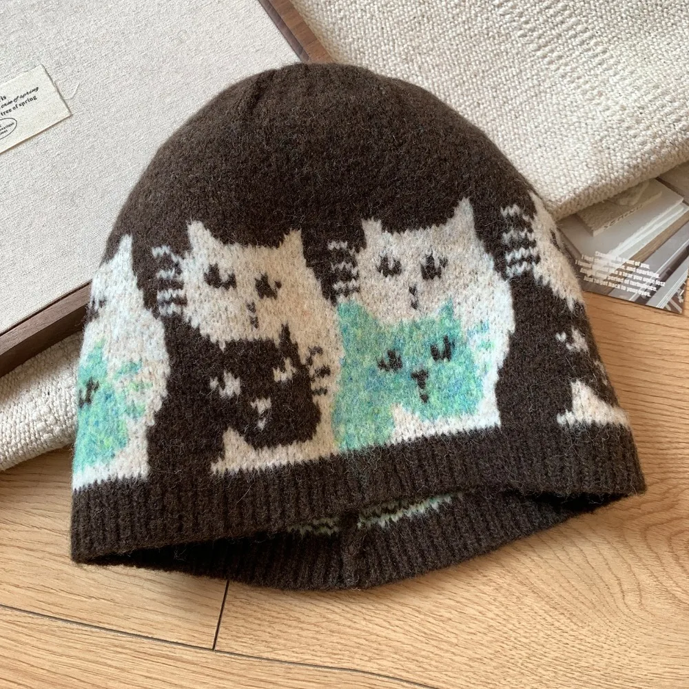 

Retro Warm Jacquard Cat Knitted Hat Printed Fair Isle Style Jacquard Pattern Beanies Retro Cute Printing Knit Cap Outdoor