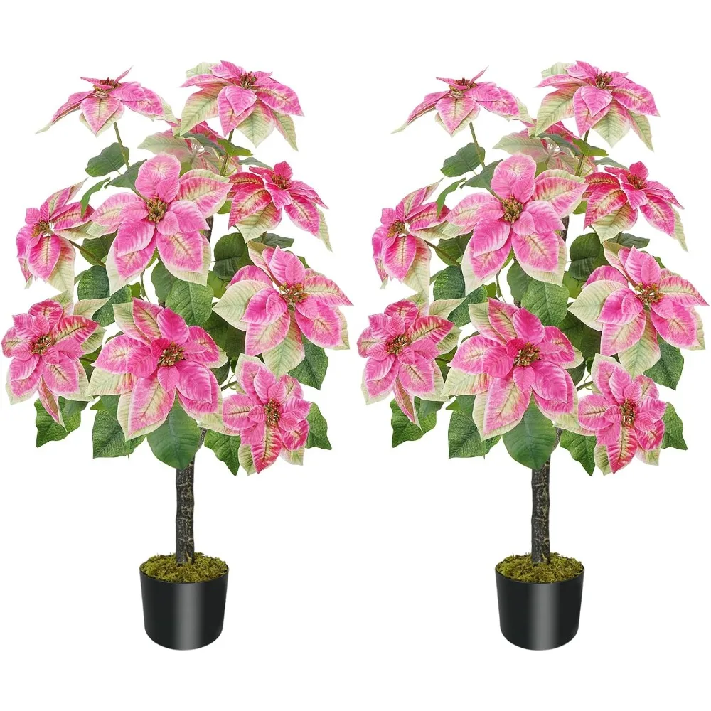 FT / 90 سنتيمتر شجرة البونسيتة الاصطناعية الوردي طويل القامة بوعاء زهور البونسيتة وهمية نابض بالحياة فو النباتات مع جذع الخشب الوردي #1