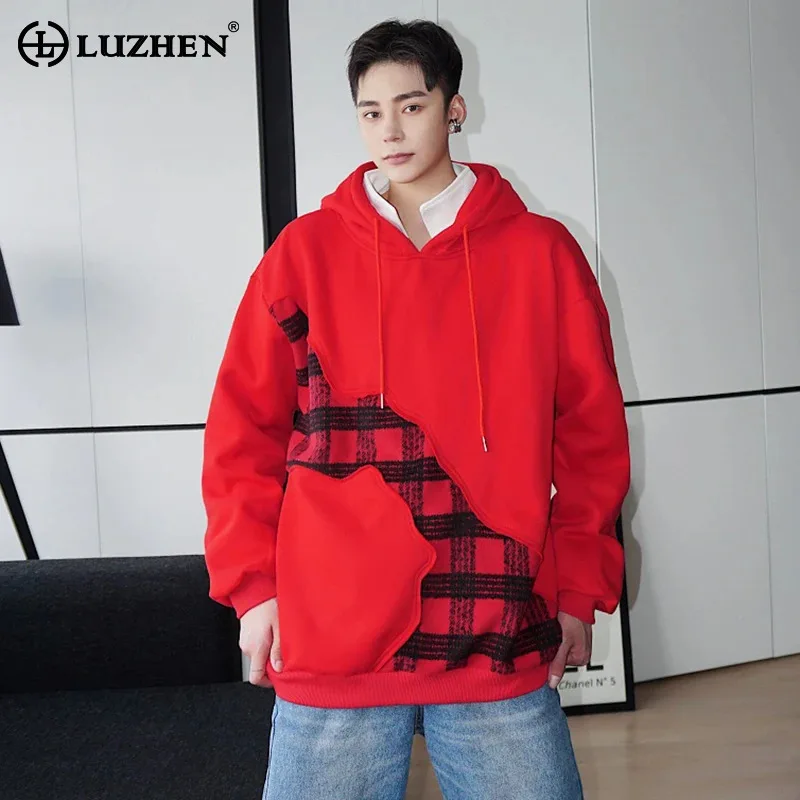 LUZHEN Korean Casual Hooded Sweatshirt Personalized Christmas Red Plaid Splicing Stylish Sport Male Jackets Coats 2024 LZ6162