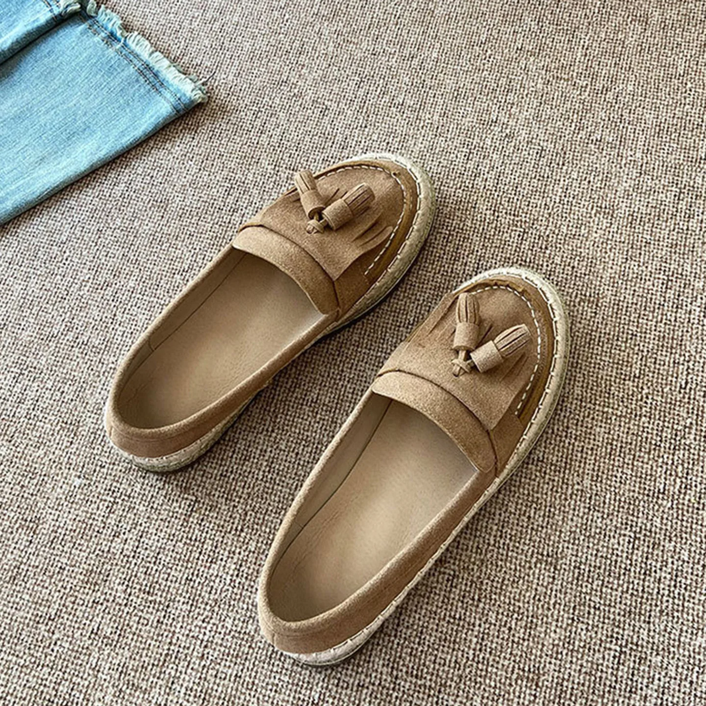 

Fashionable Loafers women new high-quality suede leather retro woven comfortable flat shoes women's daily casual single shoes 40