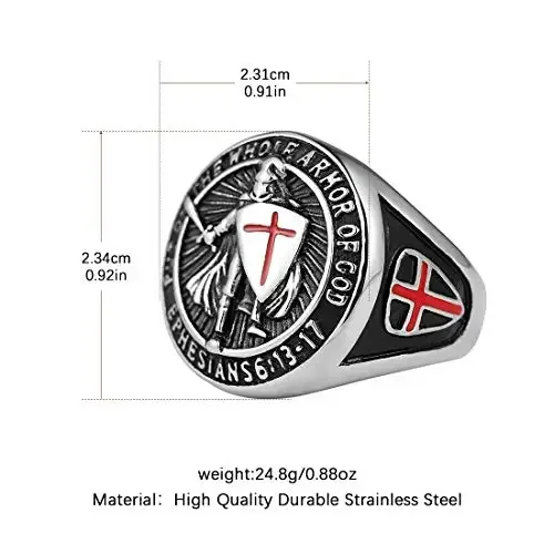 Knights Templar Put On The Whole Armor of God Ephesians Red Cross Design Men's Stainless Steel Ring