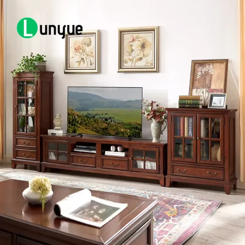 Solid Wood TV Cabinet with Glass Doors and Drawers American Style Living Room Storage Console for Home or Hotel Use Durable