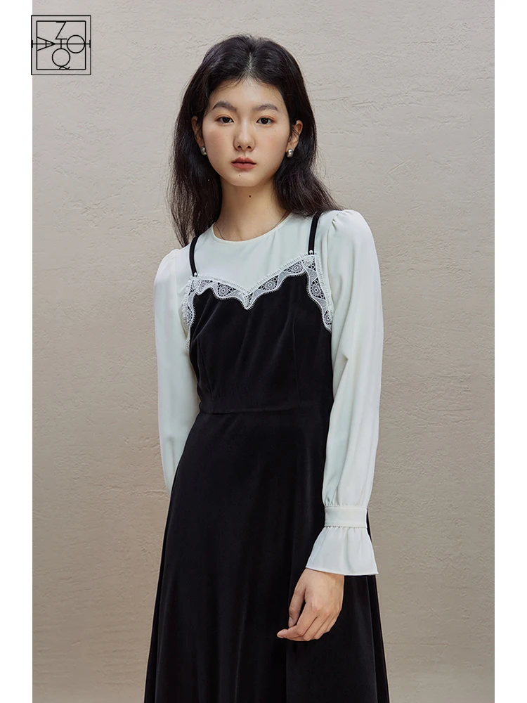 

ZIQIAO Hepburn Velvet-feel Waist-cinching Fake Two-piece Dress for Women 2023 Winter New Suspender-style Mid-length Skirt Female