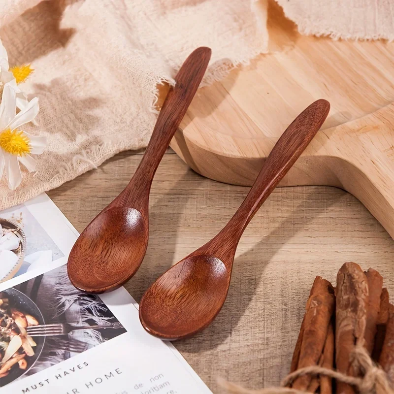 6PCS Wooden Tea Spoon Long Coffee Spoons Small Teaspoon Set Wood Honey Dessert Spoon Coffee Drink Stirrer Teaspoons Tableware