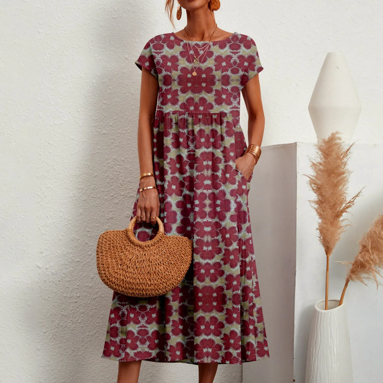 

Elegant Fashionable Women'S Cotton And Linen Dress Round Neck Printed Short Sleeved A-Line Skirt Unique Floral Long Skirt 2024