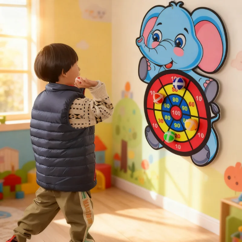 Placa de dardo com bola pegajosa com tema de elefante, conjunto de brinquedos de dois pacotes, brinquedos divertidos favoritos das crianças, jogos interativos internos e externos