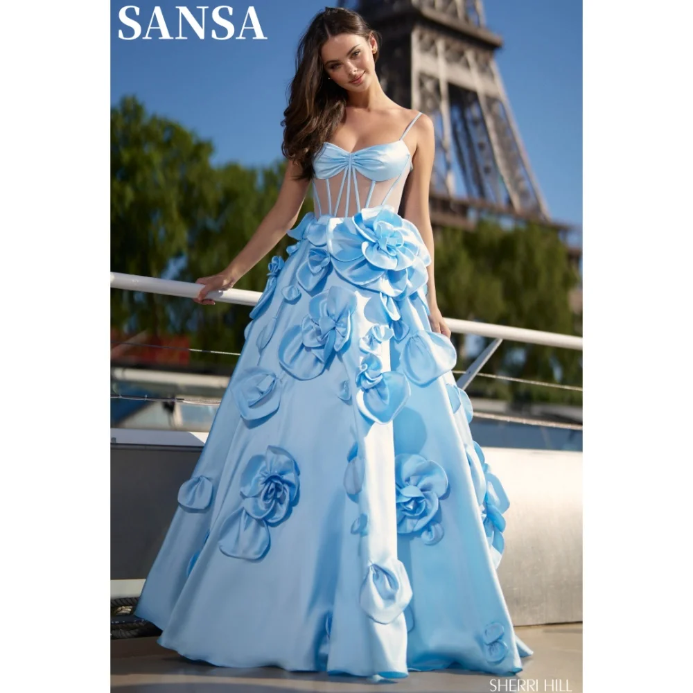 Sansa Elegant A-line Satin Prom Dress Customized Strapless Floor-Length Bow Wedding Dresses Spaghetti Strap Vestidos De Fiesta