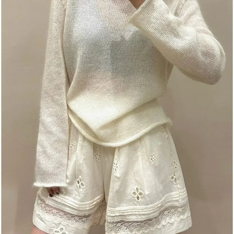 Hollow Lace Splicing Shorts 2026 Summer High Waist Casual Loose Wide Leg Shorts