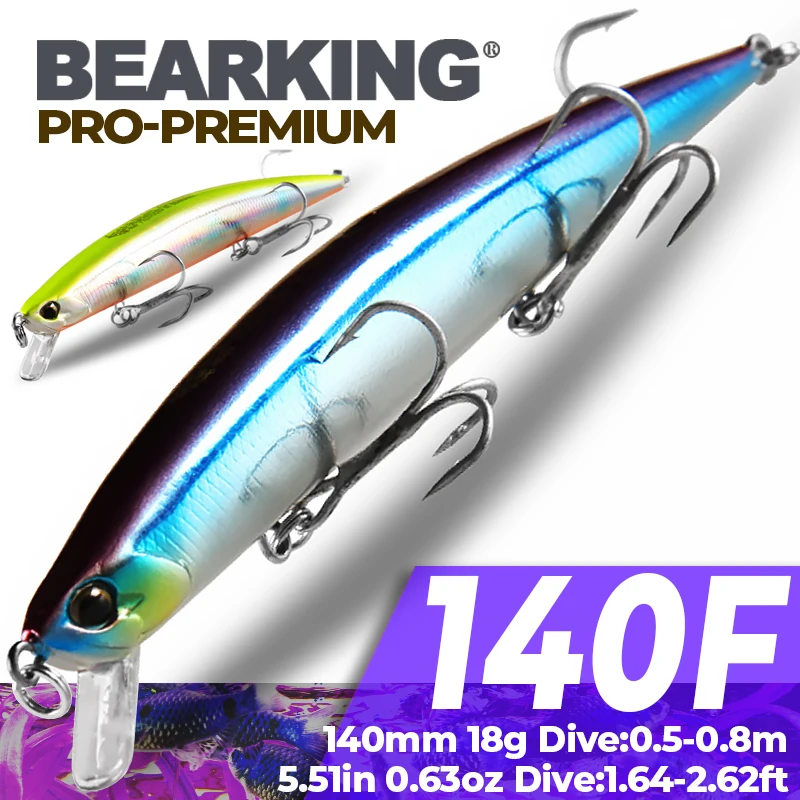 Bearking-Slim Minnow Fishing Lure, Laser Hard Artificial Bait, 3D Eyes, Fishing Wobblers, Crankbait Minnows, 14cm, 18g, 1Pc