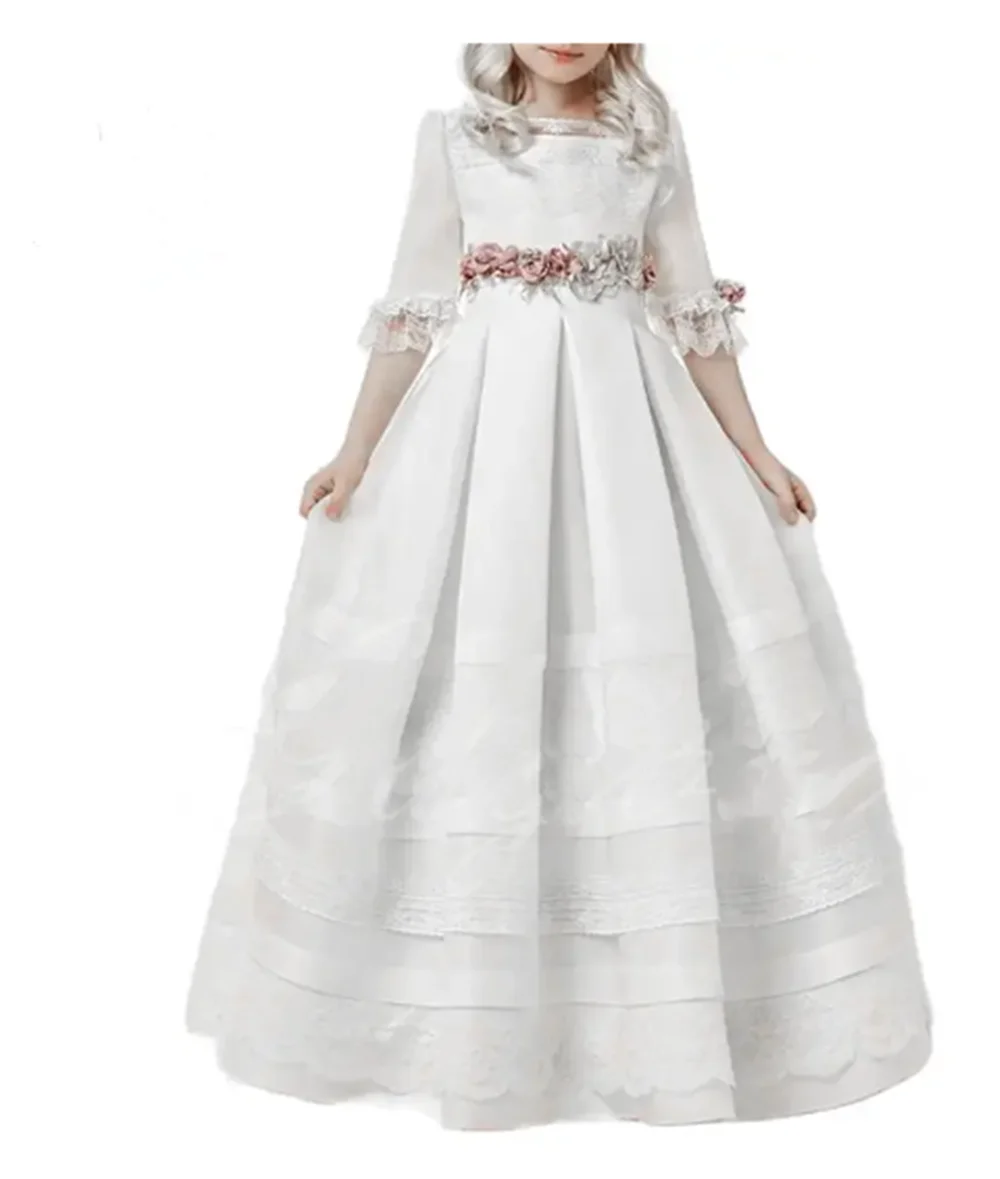 Vestido Formal de primera comunión para bautismo, vestido blanco de flores para niña, vestido de cumpleaños para niña pequeña con tren, vestidos de desfile para niño pequeño