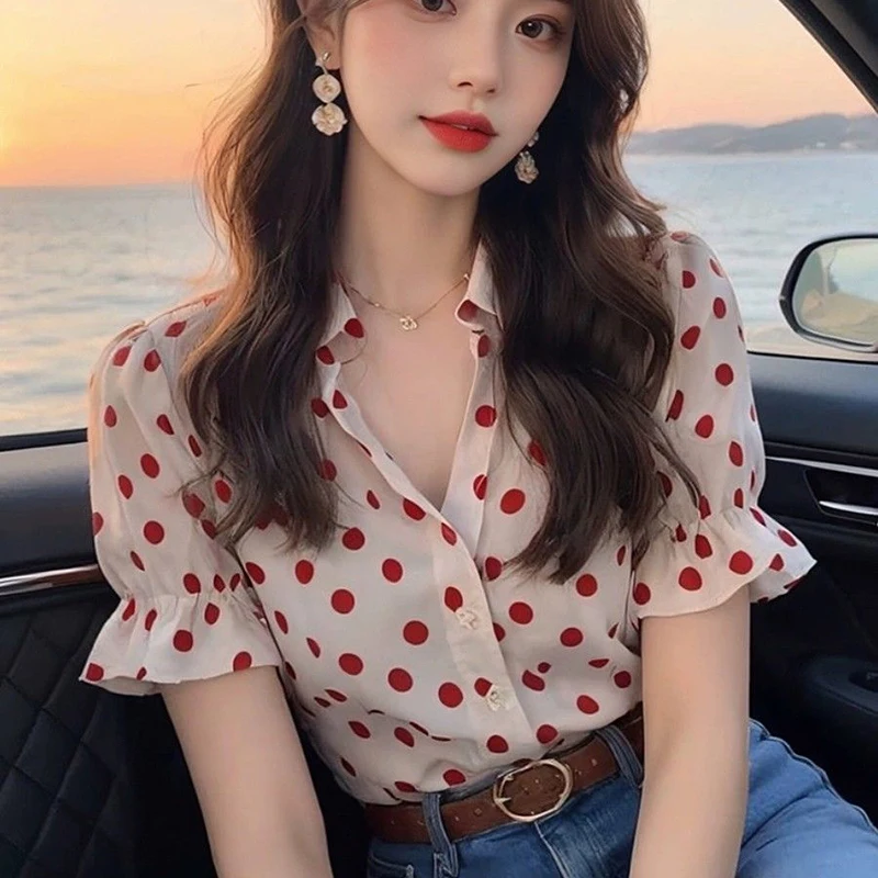 Polka Dot Shirts and Blouses Korea Turn Down Collar Fashion Woman Blouse 2024 Petal Sleeve Ruffles Ladies Top Female Clothes New