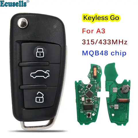 Ecusells 3 botões keyless go remoto chave fob 315mhz/434mhz chip mqb48 para audi a3 s3 8v0 837 220