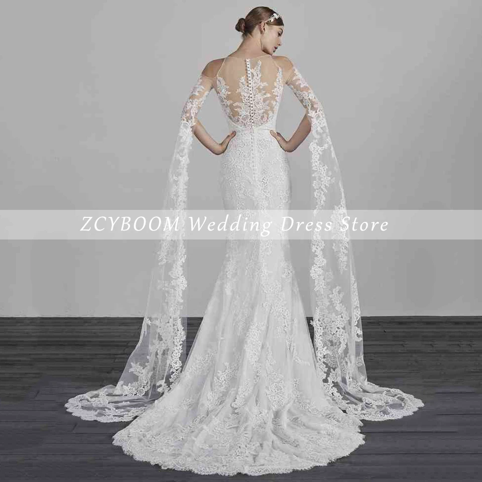 Abito da sposa personalizzato con scollo a O e spalle scoperte maniche lunghe 2025 Abito da sposa con cerniera a sirena con lunghezza al pavimento