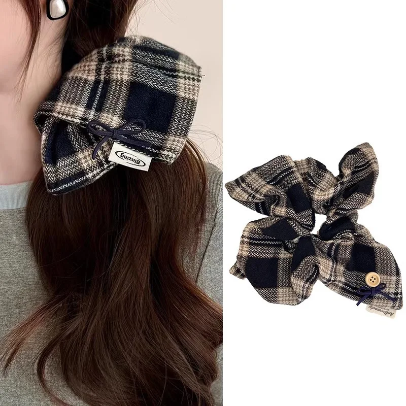 Vintage Plaid Button Thick Plush Kerchief Hair Band For Women Sweet Hair Ornament Scrunchie Hair Tie Hair Rope Hair Accessories