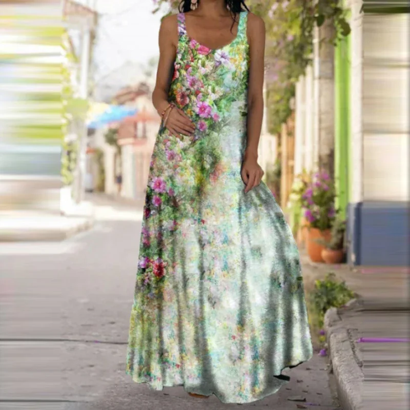 Women\'s Fashionable Butterfly Printed Sleeveless Dress Summer Casual Printed Long Dress