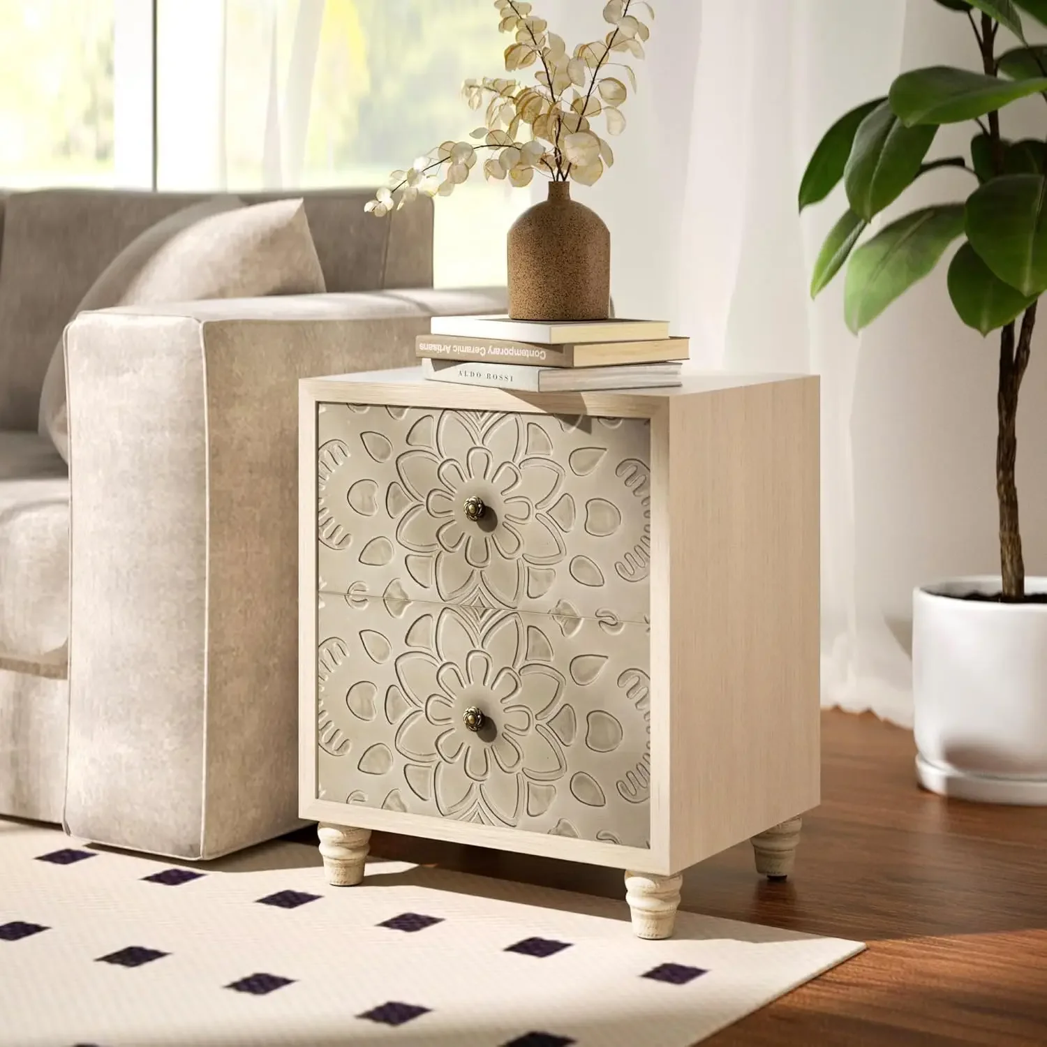 

Nightstand, Vintage End Table with 2 Pattern Carved Drawers,MDF Accent Table Wood Night Bedside Table Rustic Dresser, Light Grey