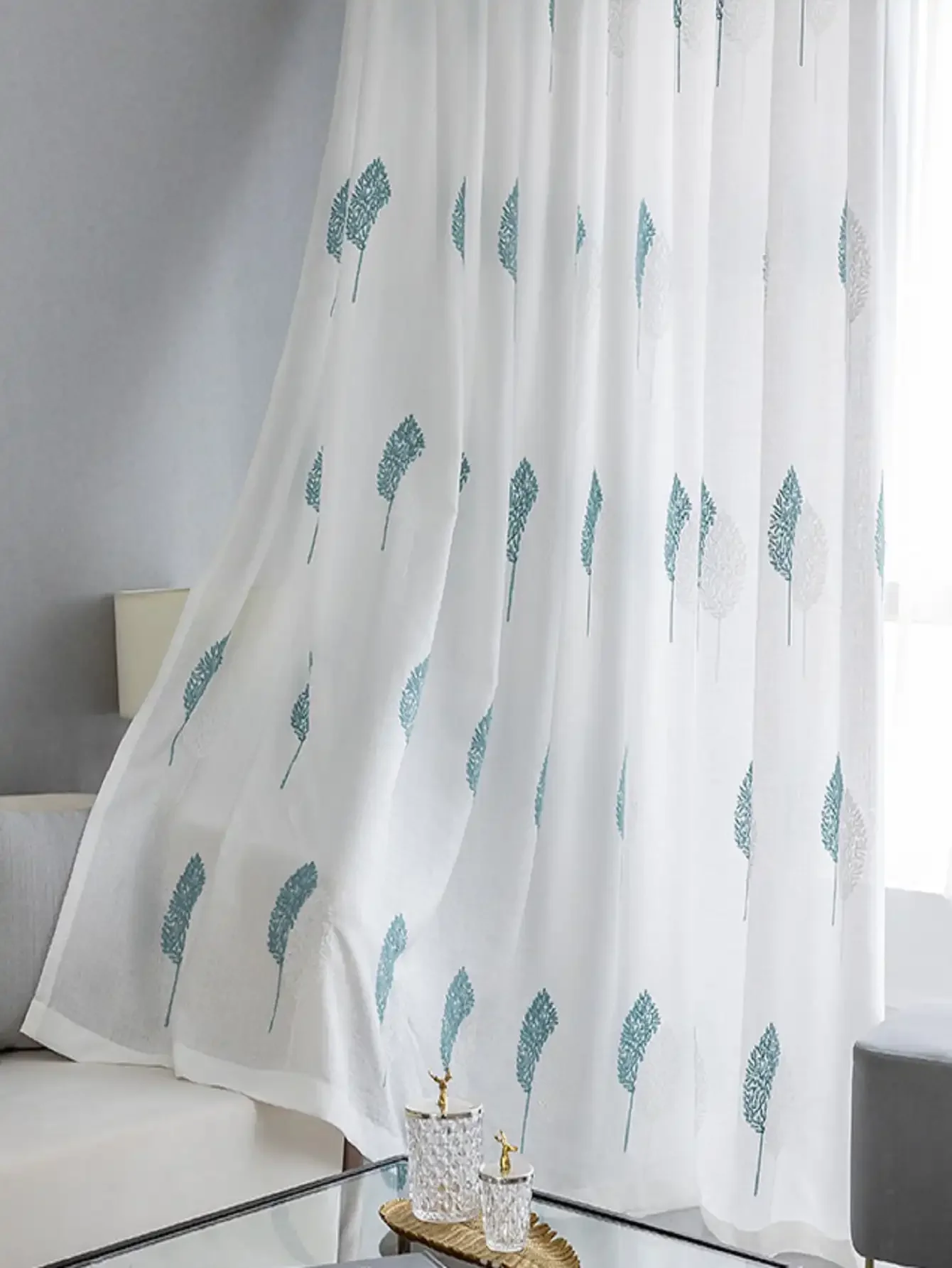 Floor-to-ceiling Window Screen Curtain 1PC Nordic Style Simple Modern Small Tree Embroidery Small Fresh Embroidery