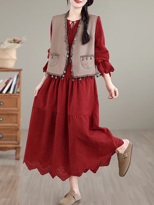 Reine Farbe bestickt Urlaub Dr. Große Größe Damen Herbst Winter Langer schlankmachender Bauch bedeckender langer Sve A-Linien-Rock