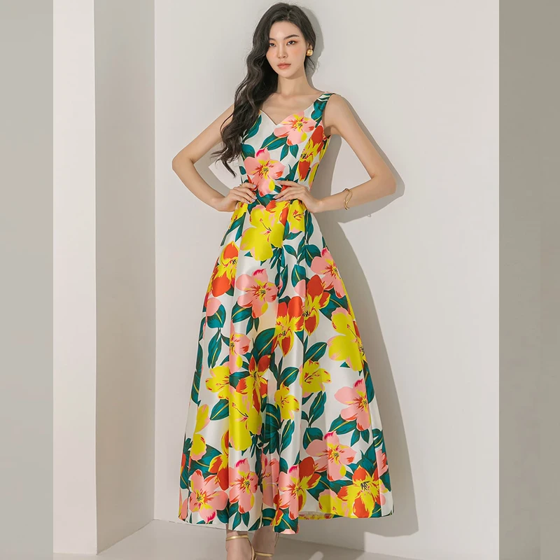 

Elegant Formal Dress Yellow Print Spaghetti Strap Sleeveless Vest Ankle A-line Dress 2023 Summer Slim Bodycon Party Dress