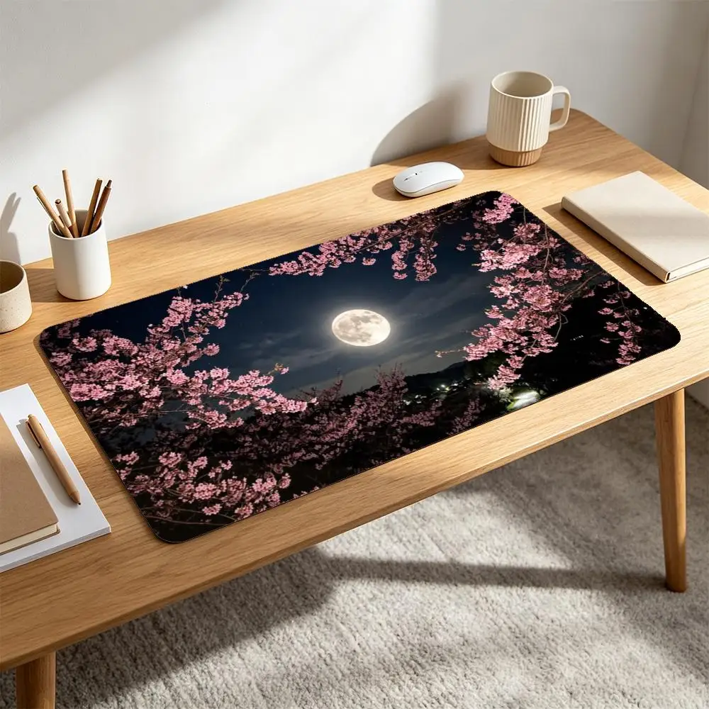XXL Moonlit Sakura Night Landscape Mouse Pad Non-Slip Rubber Base Full Moon Pink Cherry Blossom escritorio accesorios