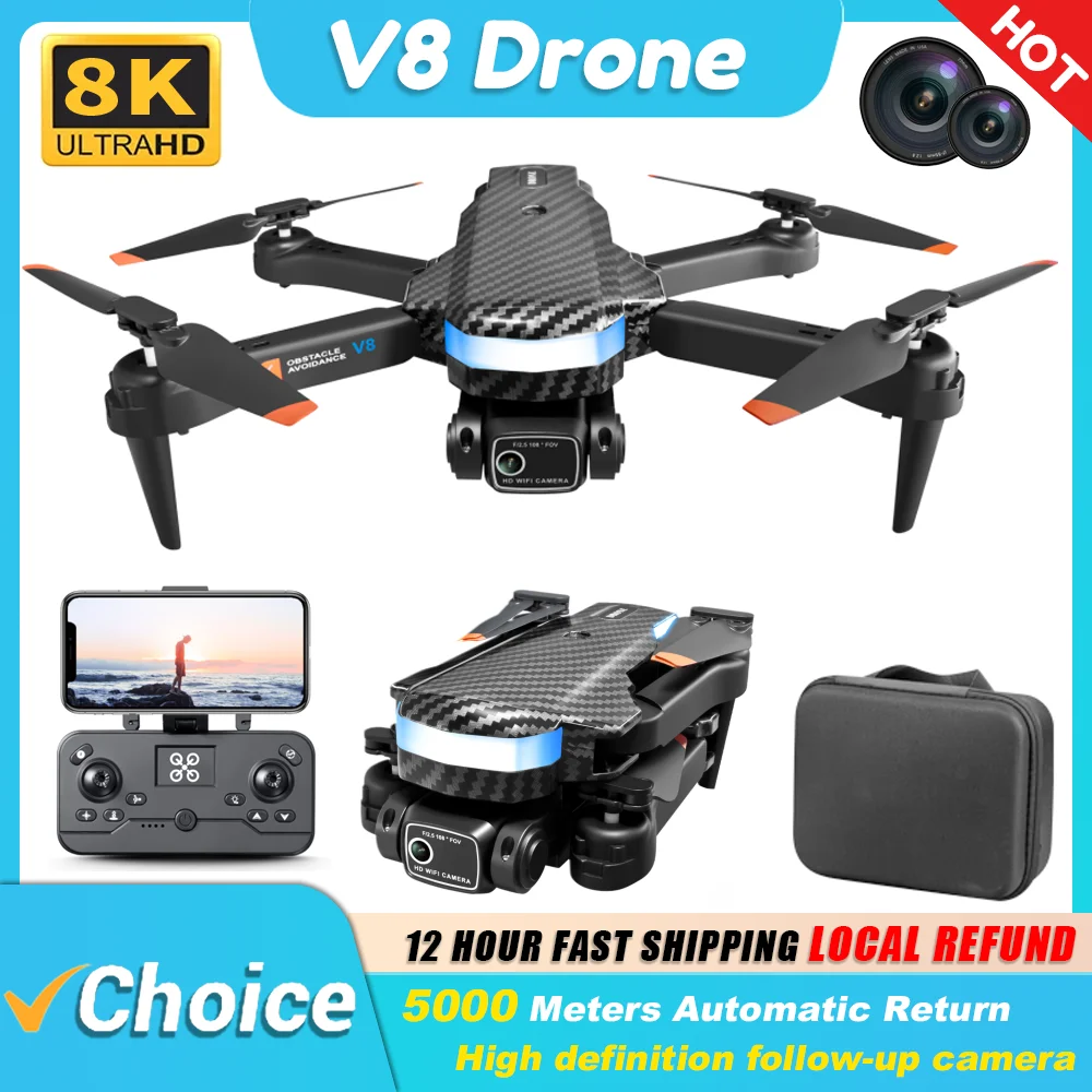 

V8 Professional Quadcopter Drone: 8K HD Cam, Mini Design, Optical Flow, 3 - Side Obstacle Avoidance Toy