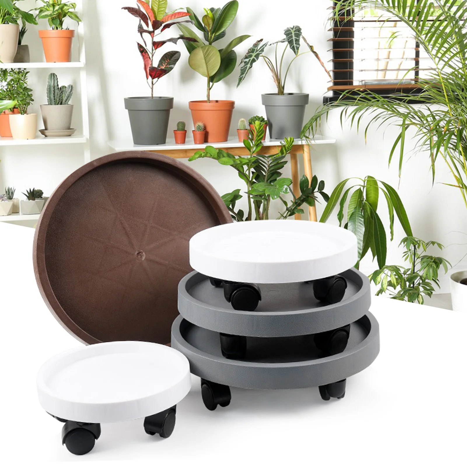 1PCS Round Movable Planter Tray With Wheels Free Movement Multi-Purpose Plant Stand For Home Gardening Table Kitchen Accessories