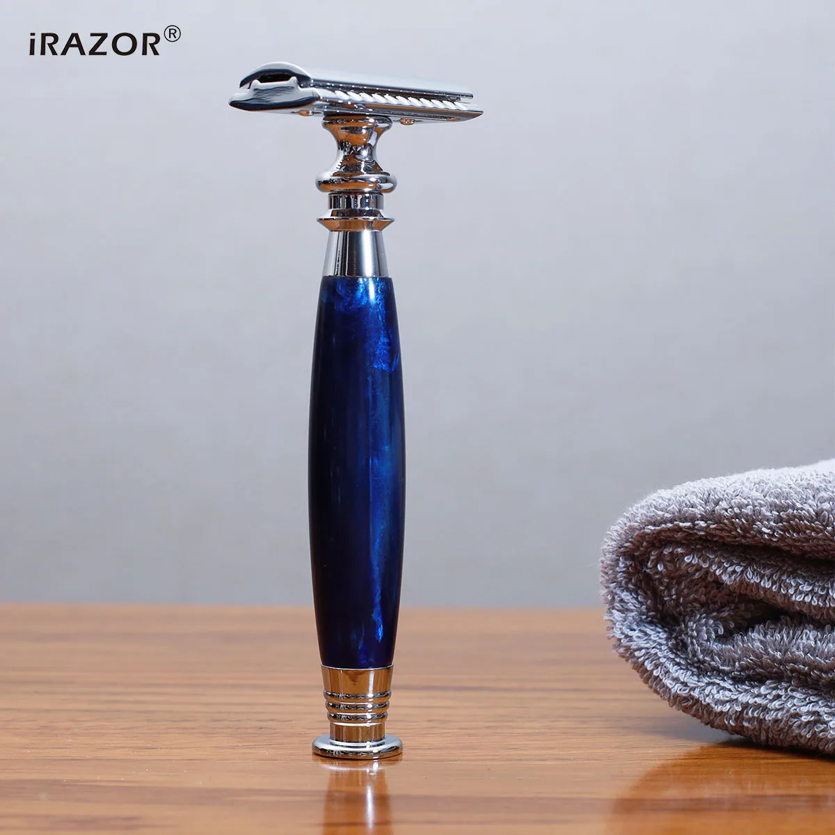 iRAZOR T-Shape Double Edge Safety Razor for Men Space Blue Acrylic Resin Handle Manual Wet Shaving Grooming Birthday Gift