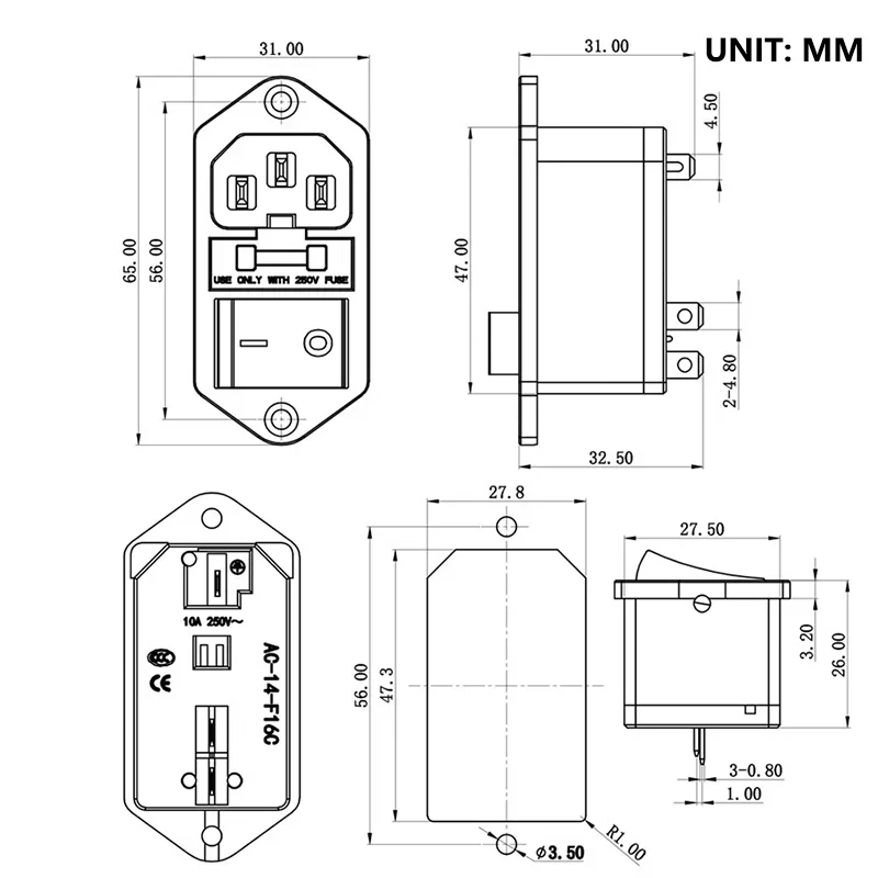5 stks AC-01B-1 Stopcontact IEC met Schakelaar Zekering Rood Licht 250 V 10A 3-Pin Inlaat Module Connector C13