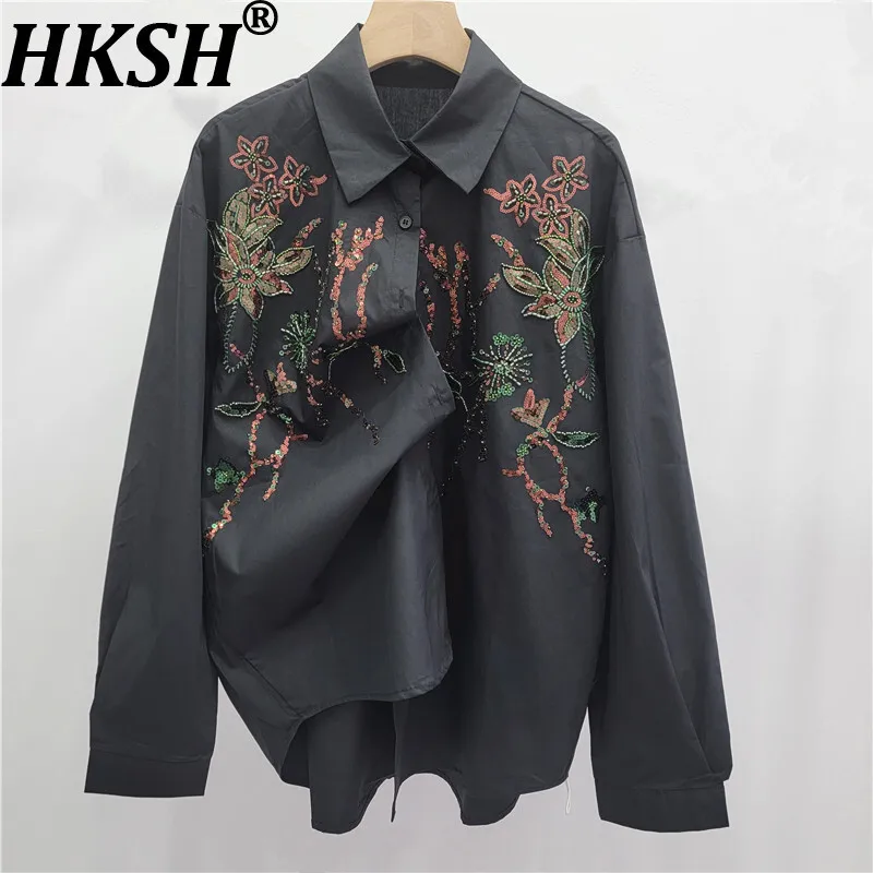 HKSH Primavera Autunno Nuove donne Camicia in rilievo con paillettes Colletto rovesciato Maniche lunghe Monopetto Chic Camicetta Casual Top HK16486