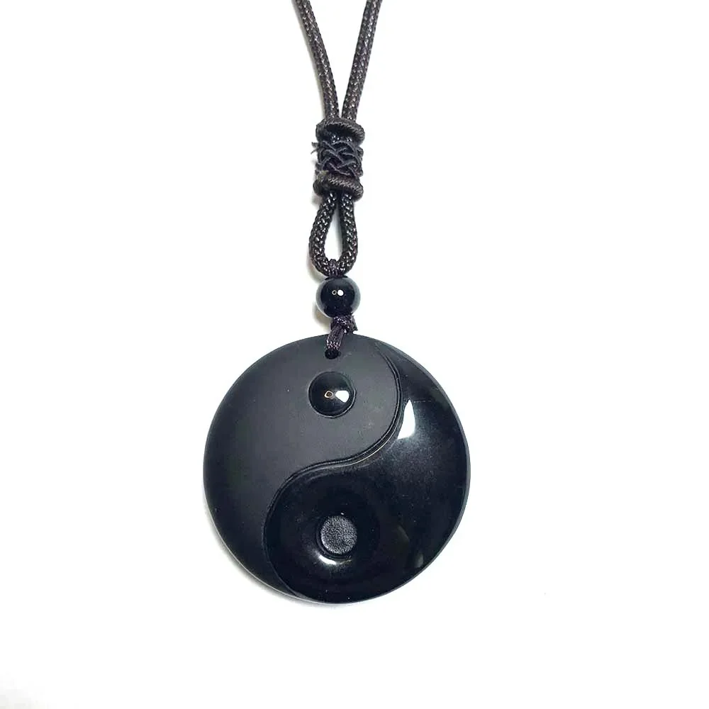 Natural YinYang Necklace Black Obsidian Stone Bagua Feng Shui Amulet Jewlry for Men Women Double-sided Engraving