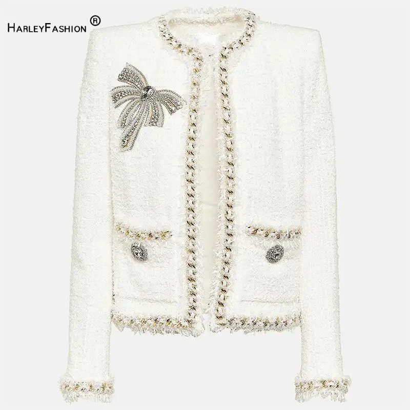 

Newest Lady Designed Fine Workmanship Rhinestone Beading Bow Short Jacket Women Tweed Chains Decoration Coats