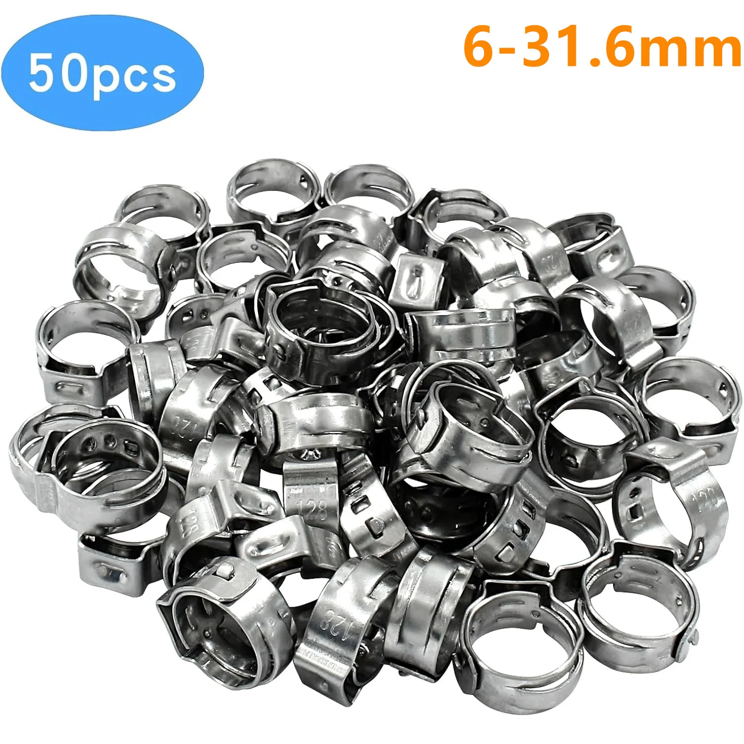 Braçadeira de mangueira de orelha única, 50 peças 6-31.6mm 304 braçadeira de orelha de aço inoxidável braçadeiras de mangueira stepless cinch anéis clipe de braçadeira de tubo ajustável