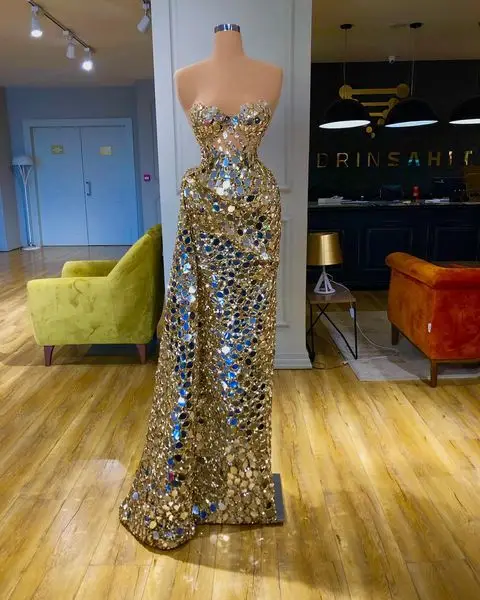 Strapless Gillter Mirror Mermaid Prom Dresses with Side Train Sparkly Sequins Crystal African Aso Ebi Arabic Evening Gown Robes