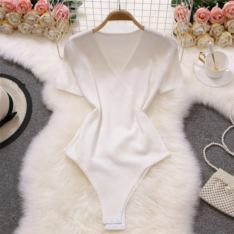 Dames bodysuit met diepe v-hals en korte mouwen, effen kleur, wrap superplice jumpsuit, tops turnpakje, knoopsluiting romper, onesie