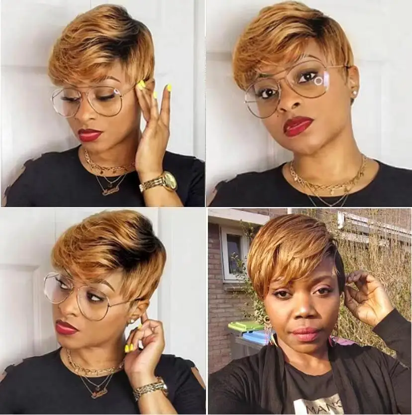 Highlight Honey Blonde Ombre Color Straight Short Bob Pixie Cut T Part Lace Human Hair Wigs For Black Women Brazilian Front Wig