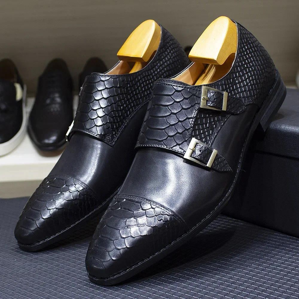 Luxury Double Buckle Monk Strap Men's Dress Shoes Genuine Leather Classic Crocodile Pattern Formal Business Office Footwear